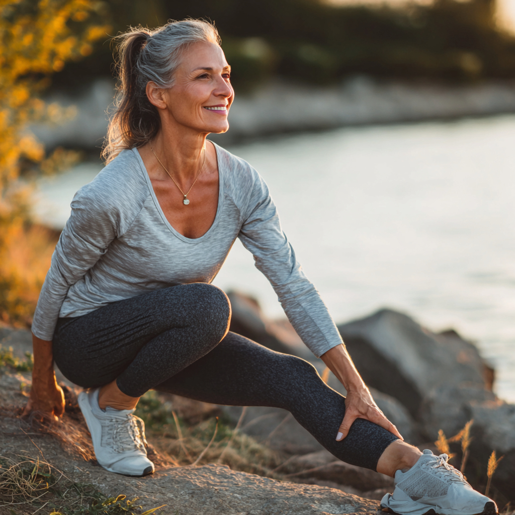 Молода жінка європейської зовнішності усміхається під час виконання розтяжки в домашніх умовах, демонструючи правильну техніку та позитивний настрій
