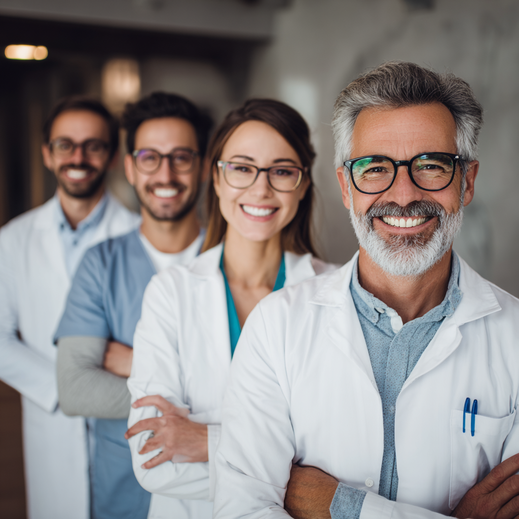 Досвідчений спеціаліст європейської зовнішності демонструє вправу клієнту в затишному кабінеті, обидва усміхаються та виглядають розслаблено